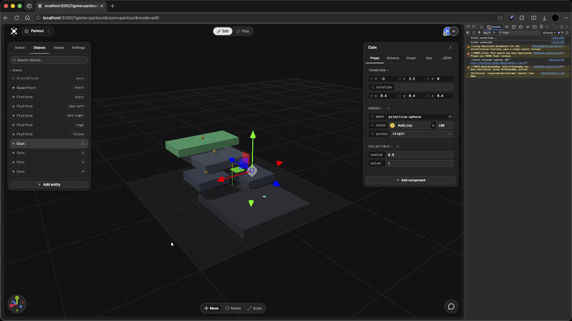 The component inspector showing a live entity's field values
